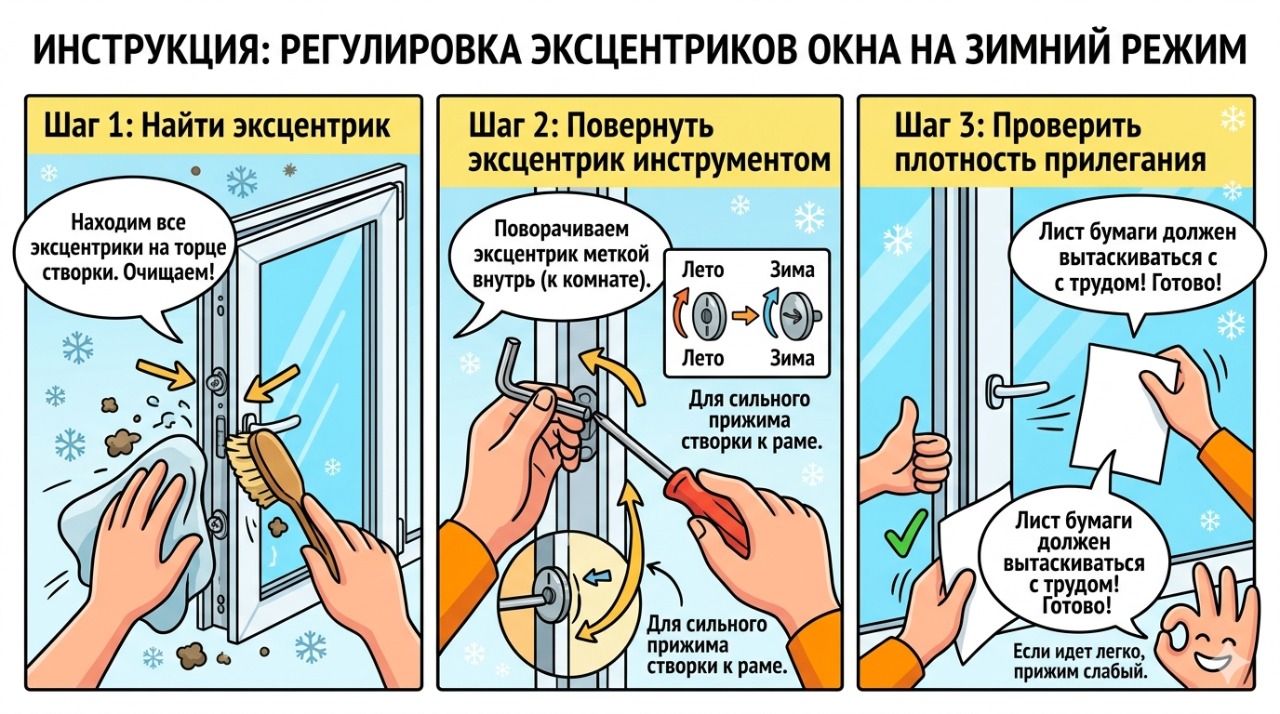 Инструкция по регулировке эксцентриков окна на зимний режим — 3 шага