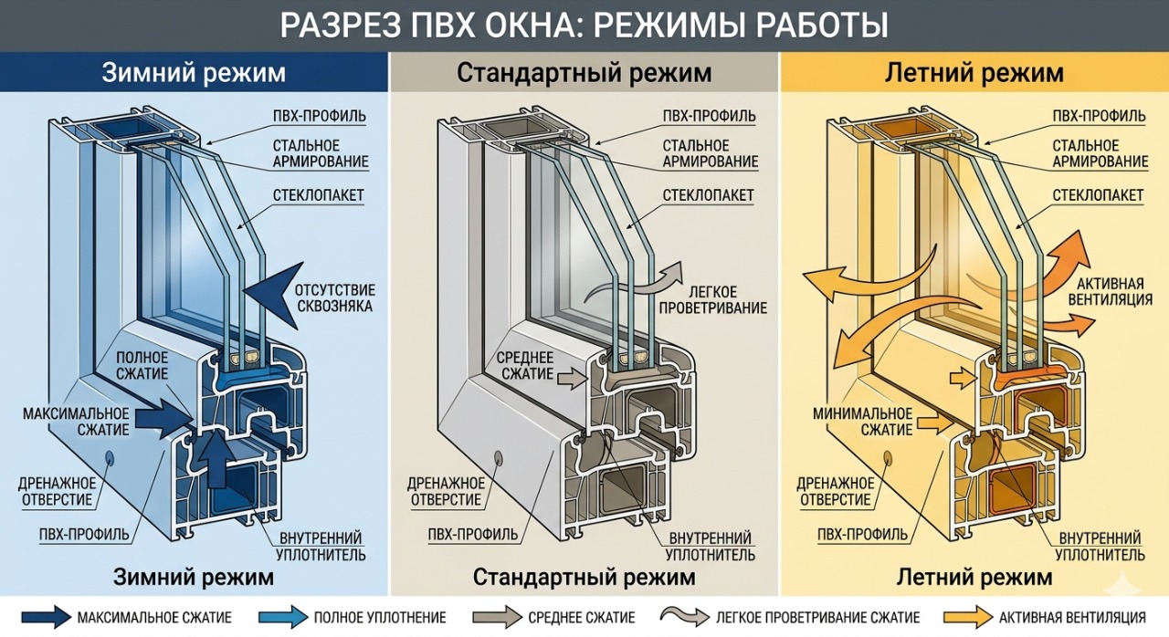 Разрез ПВХ окна — зимний, стандартный и летний режим работы