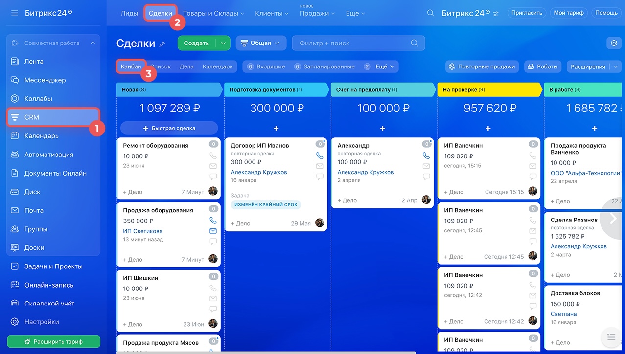 Интерфейс CRM Bitrix24 — воронка сделок в режиме Канбан