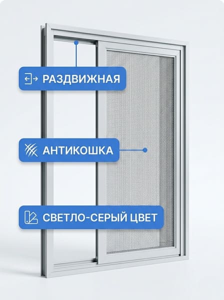 Раздвижная москитная сетка Антикошка, светло-серая
