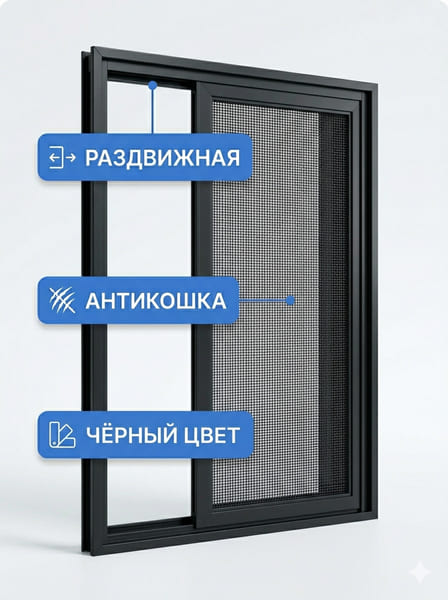 Раздвижная москитная сетка Антикошка, чёрная
